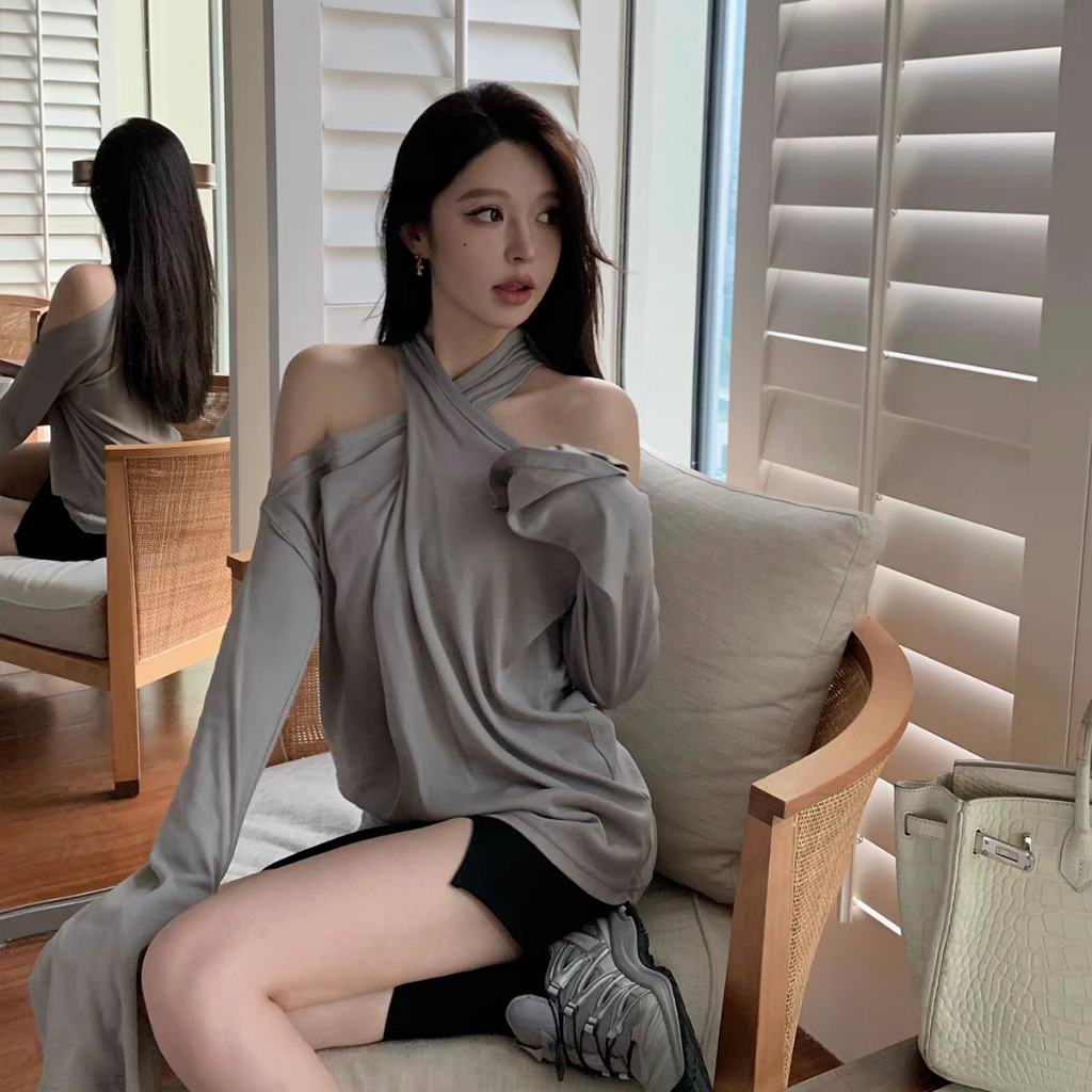 Suitcute เสื้อยืดแขนยาวลําลอง แบบบาง ทรงหลวม