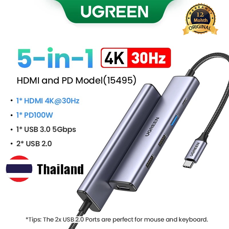 Ugreen อะแดปเตอร์ฮับ 5Gpbs USB-C เป็น USB 3.0 HDMI 4K 30Hz 4K 60Hz PD100W