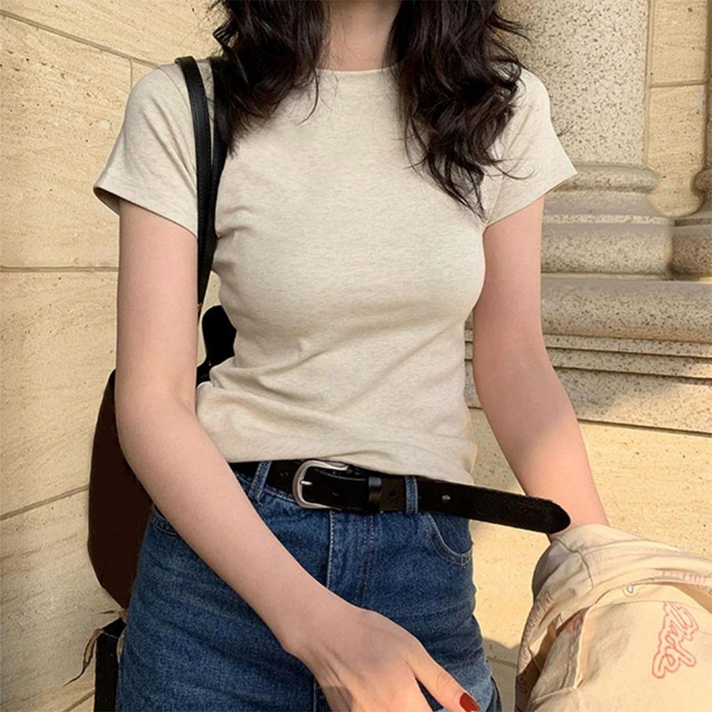 Suitcute เสื้อยืดผ้าฝ้ายคอกลมแขนสั้น นุ่มสบายด้วย ให้ผิวสัมผัสระดับฟรีเนียมA001