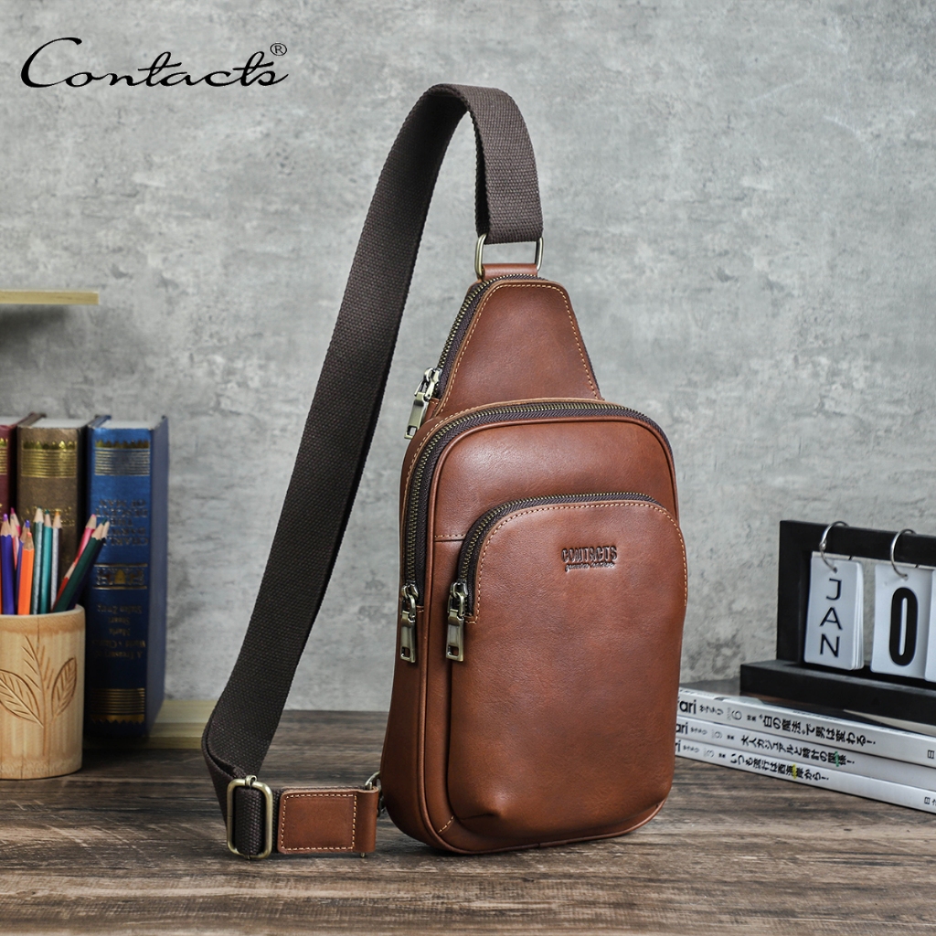 CONTACT'S หนังแท ้ ผู ้ ชายกระเป ๋ าหน ้ าอกกระเป ๋ าเดินทางCrossbodyกระเป ๋ าสะพายไหล ่ ลําลอง