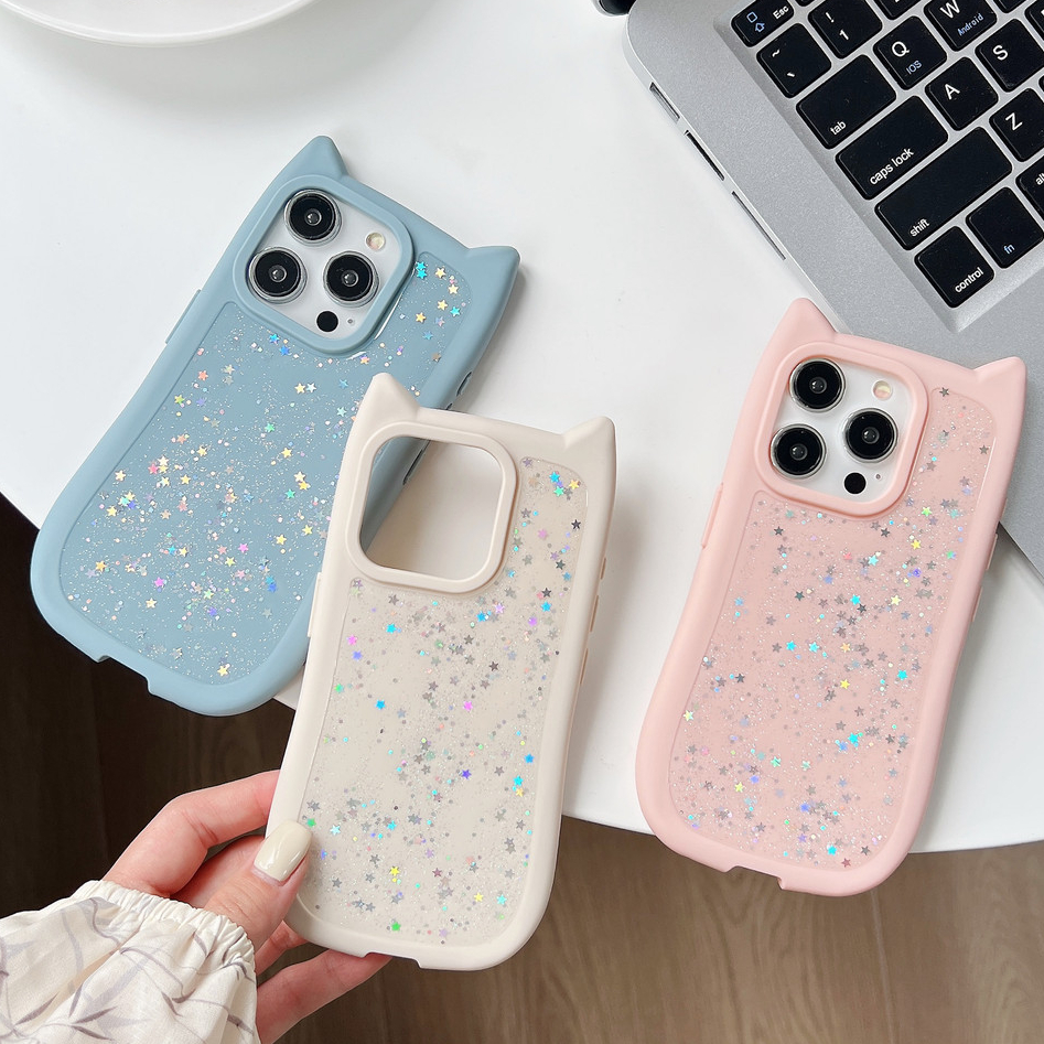 เคสโทรศัพท์มือถือแบบนิ่ม รูปหูแมว 3D น่ารัก แต่งกลิตเตอร์ หยดกาว กันกระแทก หรูหราเคส สําหรับ iPhone 15 14 13 12 11 Pro Max 14 15 Plus