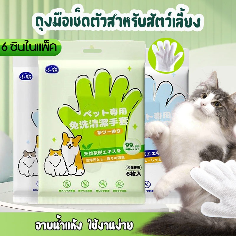 ถุงมืออาบน้ำแมว ถุงมืออาบน้ําสุนัข/ถุงมือแมว 6ชิ้น/ห่อ ไม่ต้องล้างน้ำ ง่ายๆ สะดวก ดับกลิ แบบใช้แล้วทิ้ง ทิชชู่เปียก ทำความสะอาด สุนัข แมว