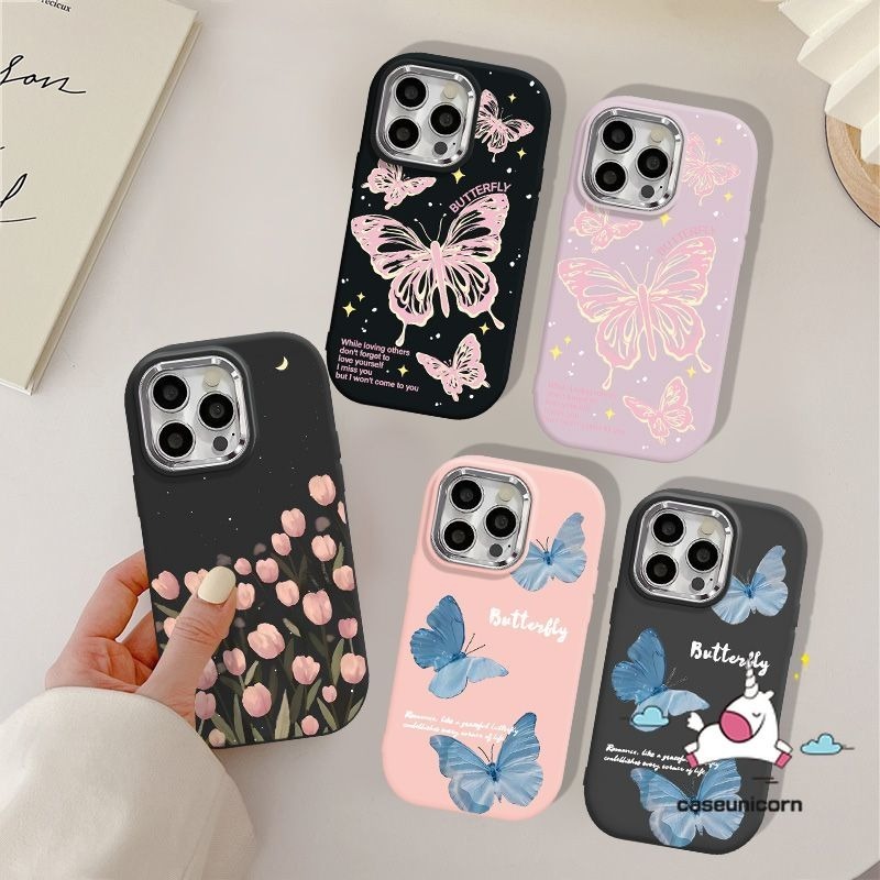 เคสโทรศัพท์มือถือชุบโลหะ แบบนิ่ม ลายการ์ตูนผีเสื้อ สีชมพู สําหรับ IPhone 7Plus 11 15 12 14 13 Pro Max XR 8 7 Plus X XS Max SE