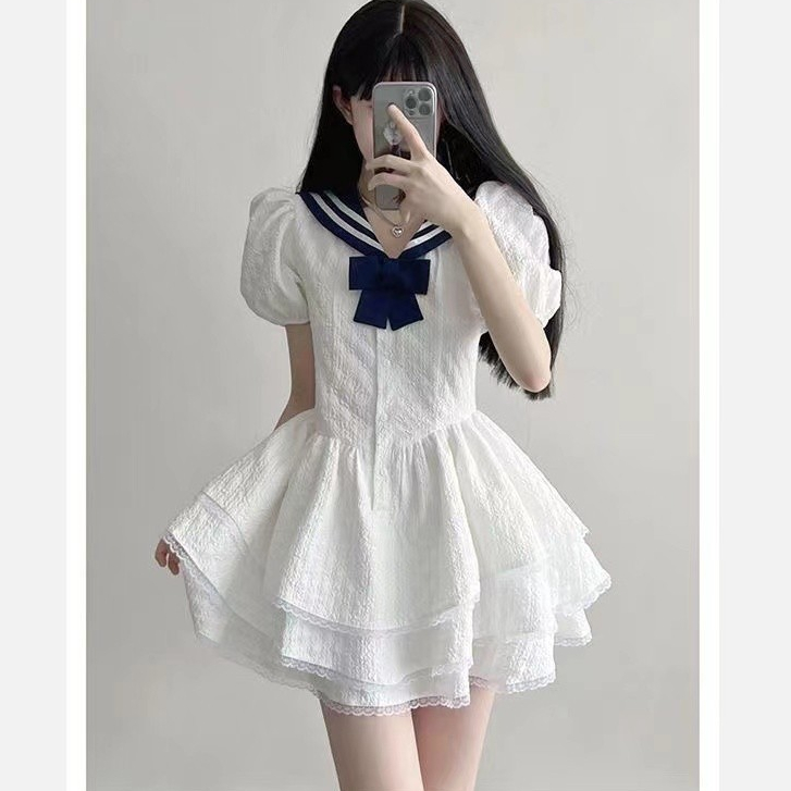 ชุดเดรสแขนพัฟฤดูร ้ อนสไตล ์ ใหม ่ Preppy สไตล ์ สลิมฟิตชุดเดรสสไตล ์ วันหยุดริมทะเล