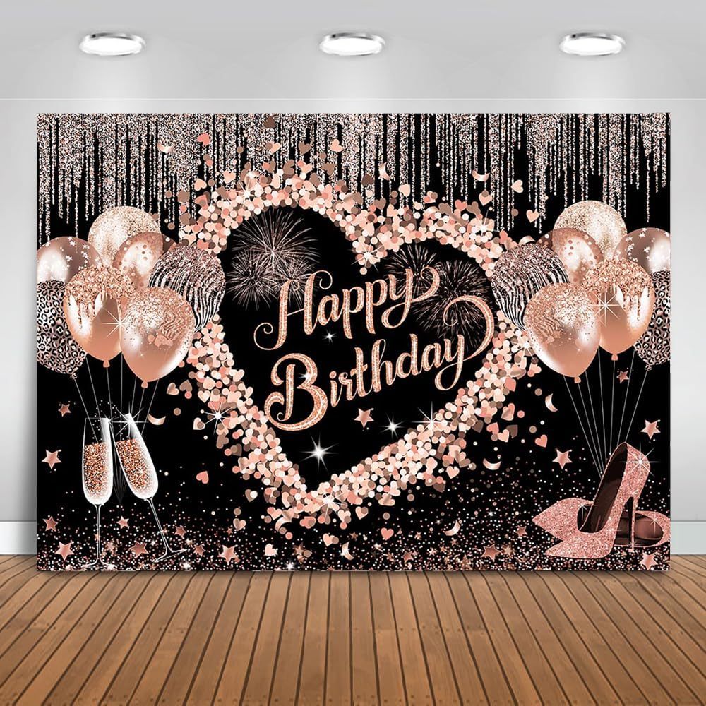 ผู ้ หญิงสุขสันต ์ วันเกิดฉากหลังสีชมพู Glitter วันเกิดพื ้ นหลังบอลลูนสาวหวานหัวใจวันเกิดตกแต ่ ง Photo Booth Props