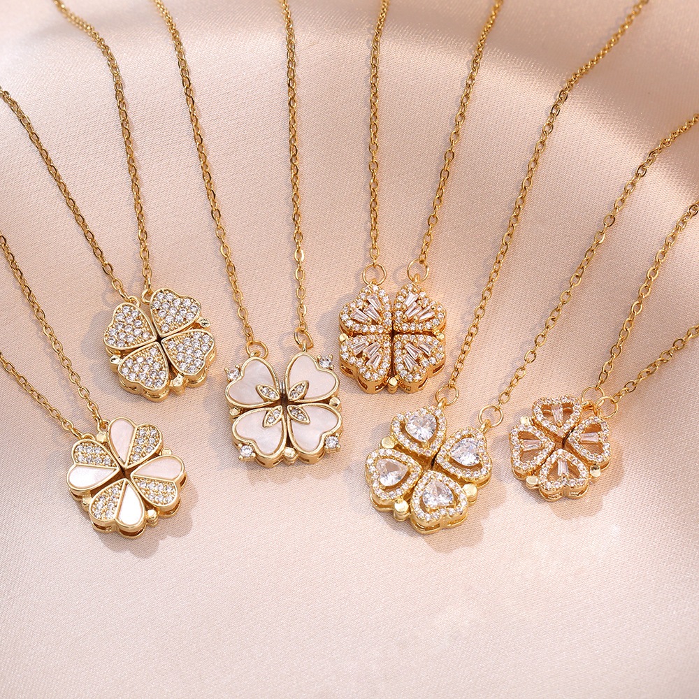 Deformable Four-leaf Clover แม่เหล็กรูปหัวใจจี้ไทเทเนียมเหล็กสร้อยคอสแตนเลสที่มีสีสัน Clavicle Chain เครื่องประดับแฟชั่นสาวของขวัญ