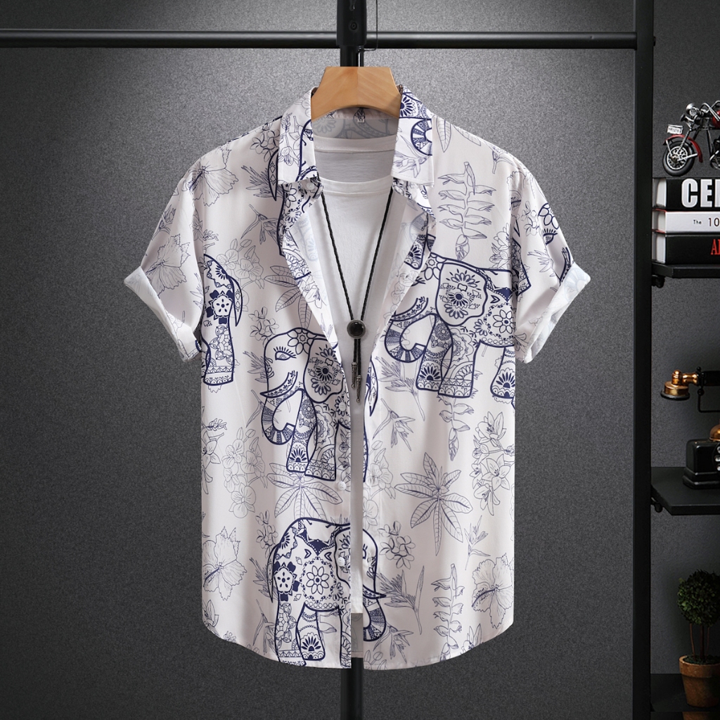 เสื้อเชิ้ตผู้ชายแขนสั้นลายช้างฤดูร้อน ลําลอง สําหรับผู้ชาย