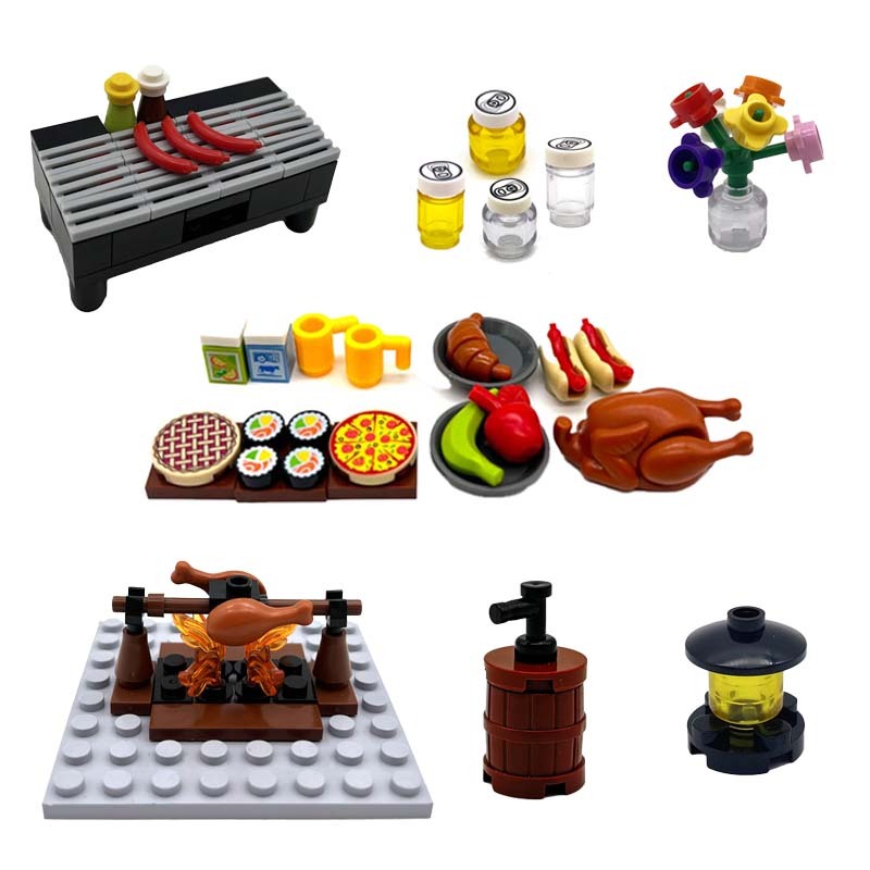 Moc อาหาร Building Blocks ฉากปิกนิกอุปกรณ ์ ครัว กล ้ วยสุนัขร ้ อนเครื ่ องดื ่ มเค ้ กพิซซ ่ าเค ้ กบาร ์ บีคิวโคมไฟอิฐของเล ่ นตะกร ้ าชิ ้ นส ่ วนการศึกษาของขวัญ