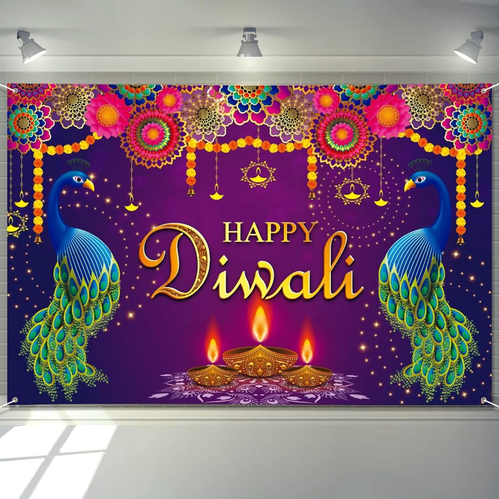 Happy Diwali แบนเนอร์อินเดียเทศกาลไฟนกยูง Diwali ฉากหลังตกแต่งอุปกรณ์ปาร์ตี้การถ่ายภาพพื้นหลังสําหรั