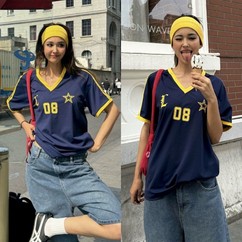 เสื้อยืดผู้หญิง unisex NO.08 jersey Form Oversize เสื้อยืดกีฬาพิมพ์หมายเลข 08 Streetwear สําหรับเด็กผู้หญิง
