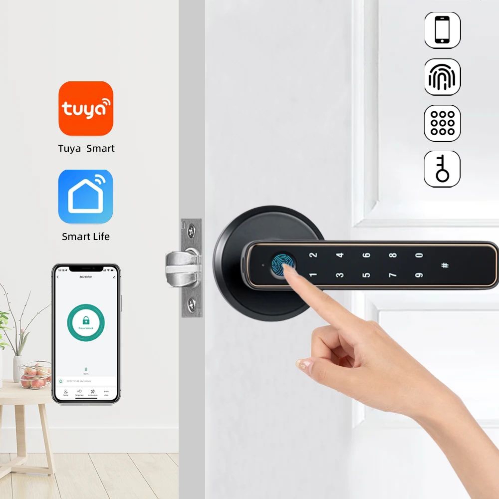Tuya ล็อคประตูลายนิ้วมือดิจิตอลล็อคอิเล็กทรอนิกส์พร้อมรหัสผ่าน/กุญแจ/Smartlife/Tuya APP ปลดล็อคระยะไกลสําหรับห้องนอน