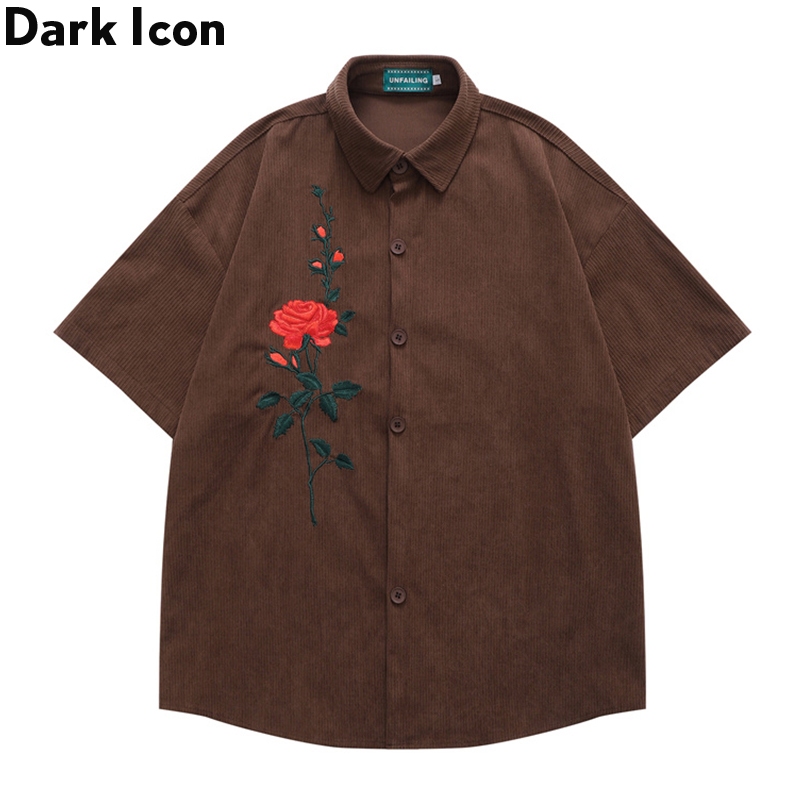 Dark Icon ดอกไม ้ Embroiery Corduroy เสื ้ อเชิ ้ ตผู ้ ชายติดกระดุมเสื ้ อลําลองสําหรับผู ้ ชายแขนสั ้ น 3 สี