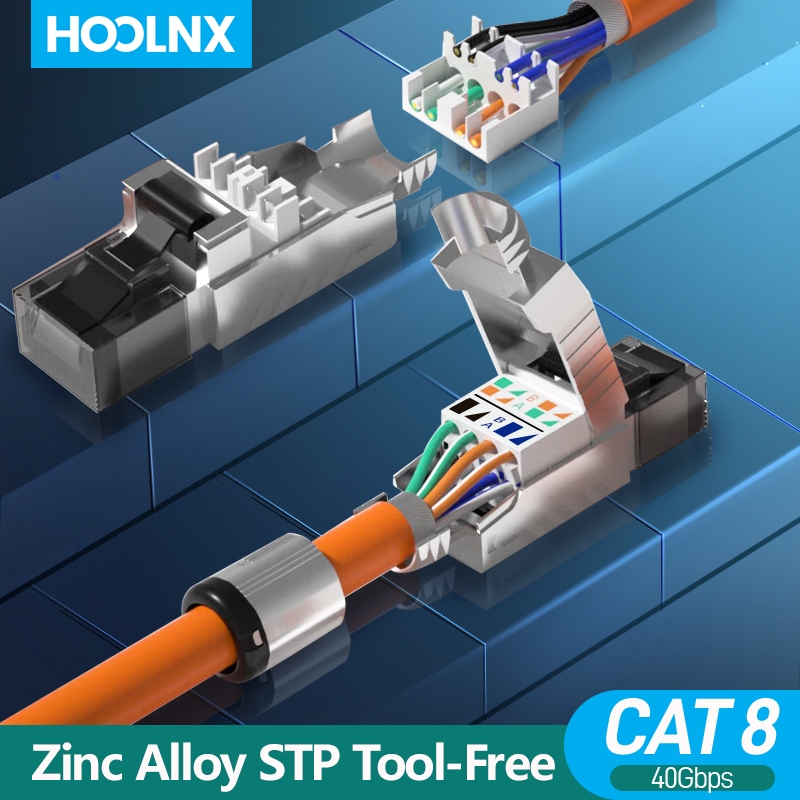 Hoolnx CAT8 ขั้วต่อ STP RJ45 แบบไม่มีเครื่องมือ, CAT8/CAT7/CAT6A ปลั๊กกําหนดการแบบใช้ซ้ําได้แบบไร้เครื่องมือ Shielded Ethernet Field Modular PLug