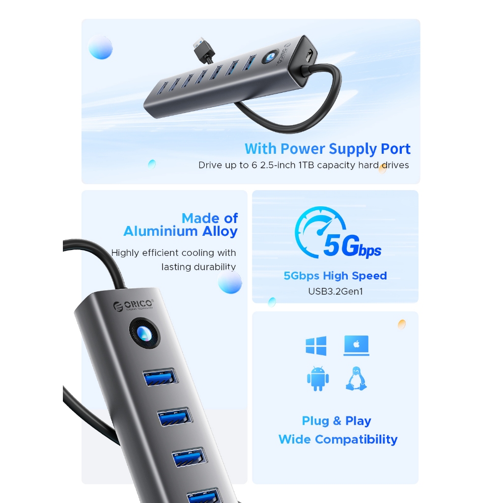 Orico อะแดปเตอร์ฮับ USB 3.0 7 พอร์ต Type-C Splitter 5Gbps แล็ปท็อปเดสก์ท็อปที่รองรับความเร็วสูง (CL7U)