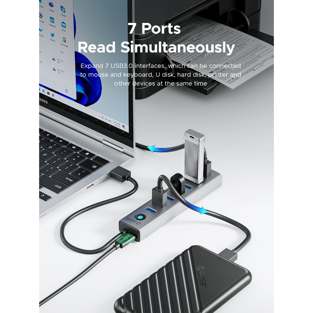 Orico อะแดปเตอร์ฮับ USB 3.0 7 พอร์ต Type-C Splitter 5Gbps แล็ปท็อปเดสก์ท็อปที่รองรับความเร็วสูง (CL7U)