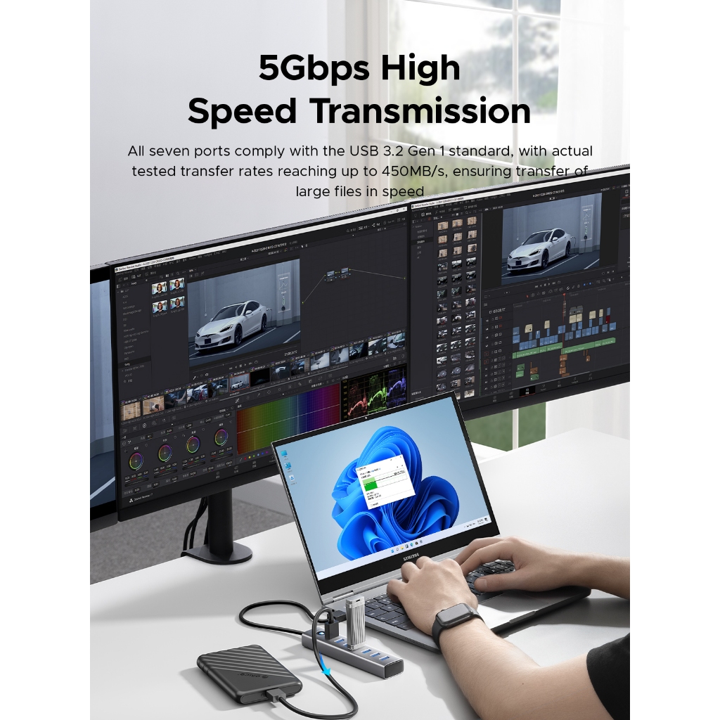 Orico อะแดปเตอร์ฮับ USB 3.0 7 พอร์ต Type-C Splitter 5Gbps แล็ปท็อปเดสก์ท็อปที่รองรับความเร็วสูง (CL7U)