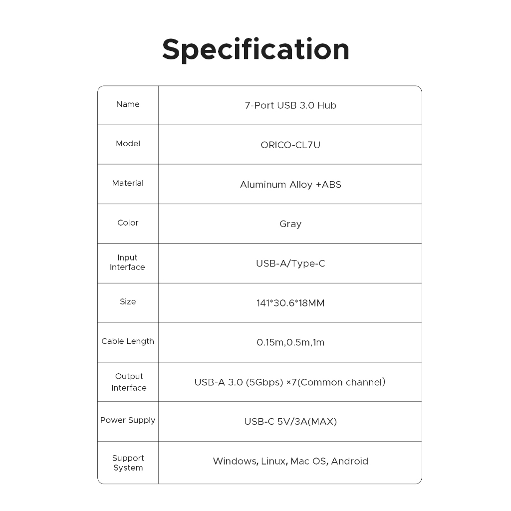 Orico อะแดปเตอร์ฮับ USB 3.0 7 พอร์ต Type-C Splitter 5Gbps แล็ปท็อปเดสก์ท็อปที่รองรับความเร็วสูง (CL7U)