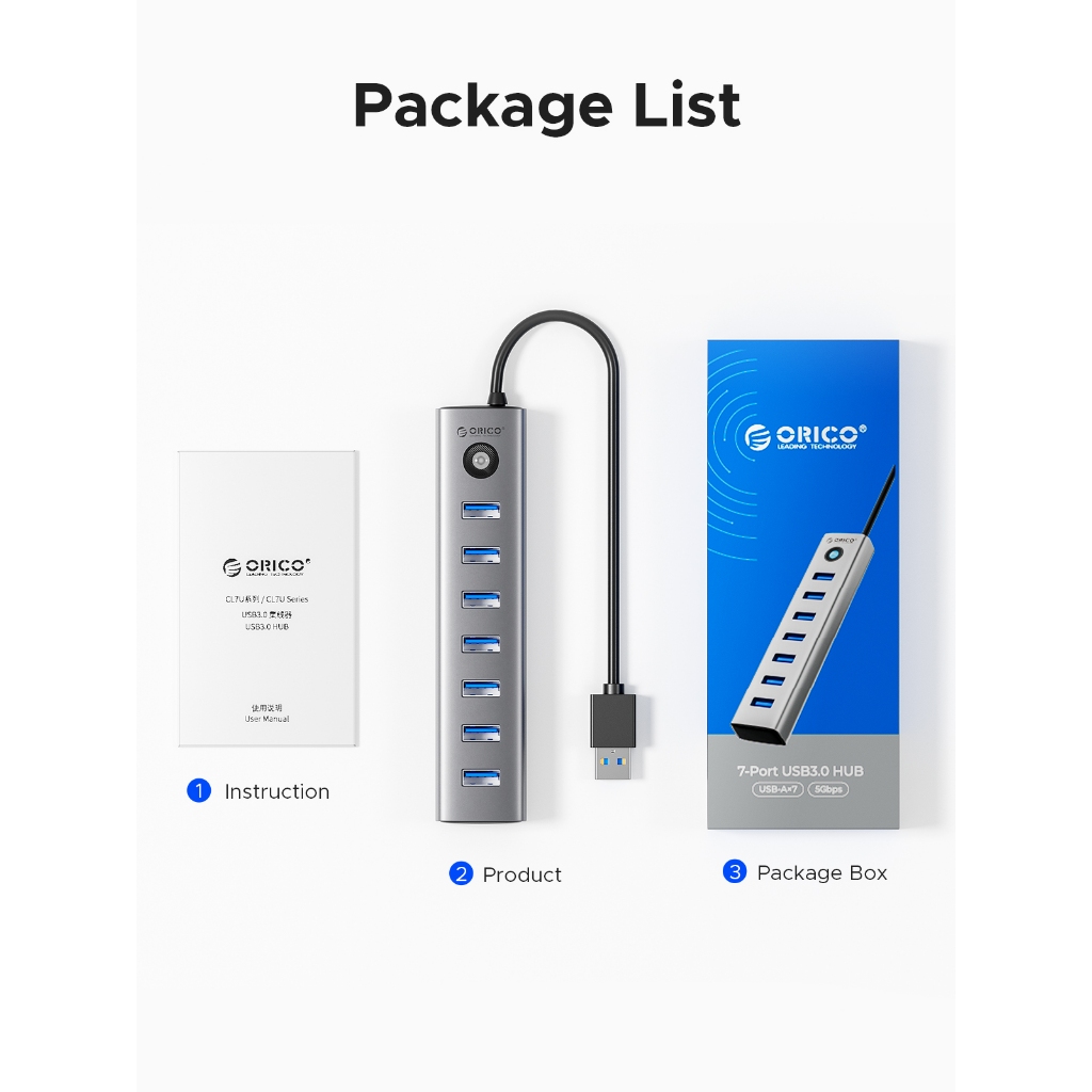Orico อะแดปเตอร์ฮับ USB 3.0 7 พอร์ต Type-C Splitter 5Gbps แล็ปท็อปเดสก์ท็อปที่รองรับความเร็วสูง (CL7U)
