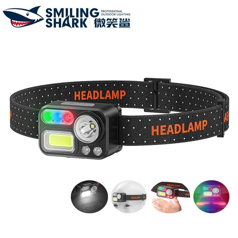 SmilingShark TD0180 ไฟฉายคาดหัว LED เซนเซอร์ ขาว/แดง/น้ำเงิน/เขียว ไฟฉายคาดหัว Type-C ชาร์จใหม่ได้ 8 โหมด กันน้ำสำหรับการตกปลาเดินป่ากลางแจ้ง