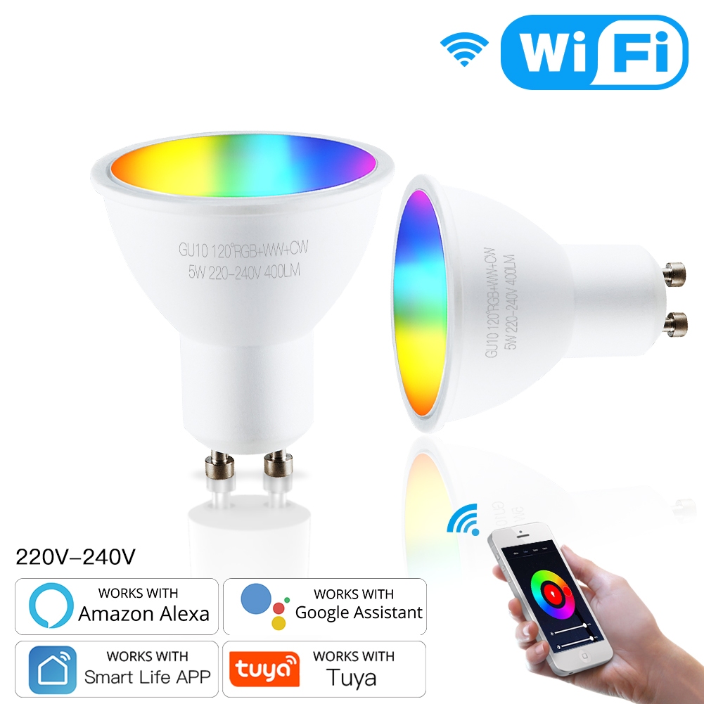 Gu10 หลอดไฟอัจฉริยะ LED RGBW C+W 5W หรี่แสงได้ รีโมตควบคุมระยะไกล พร้อม Alexa Google