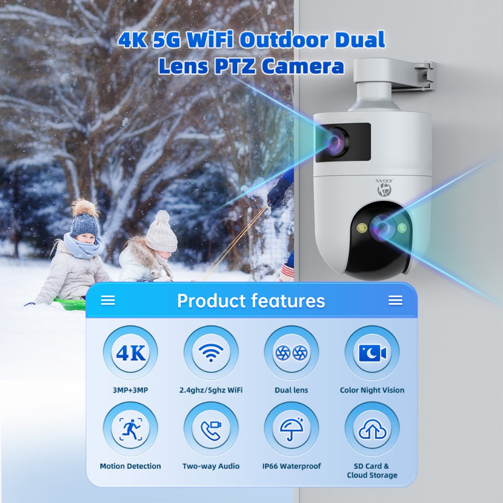 Jooan 4K กล้องคู่ กล้องวงจรปิดนอกบ้าน wifi ไร้สายไม่ใช้เน็ต 5MP กล้องกันน้ำ กล้อง 360 องศา