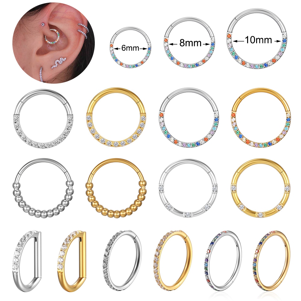 1 PC 20G/16G สแตนเลส Nostrail เจาะ Clicker Rainbow Zircon Septum Hoop แหวนหูกระดูกอ่อน Helix Daith เจาะ