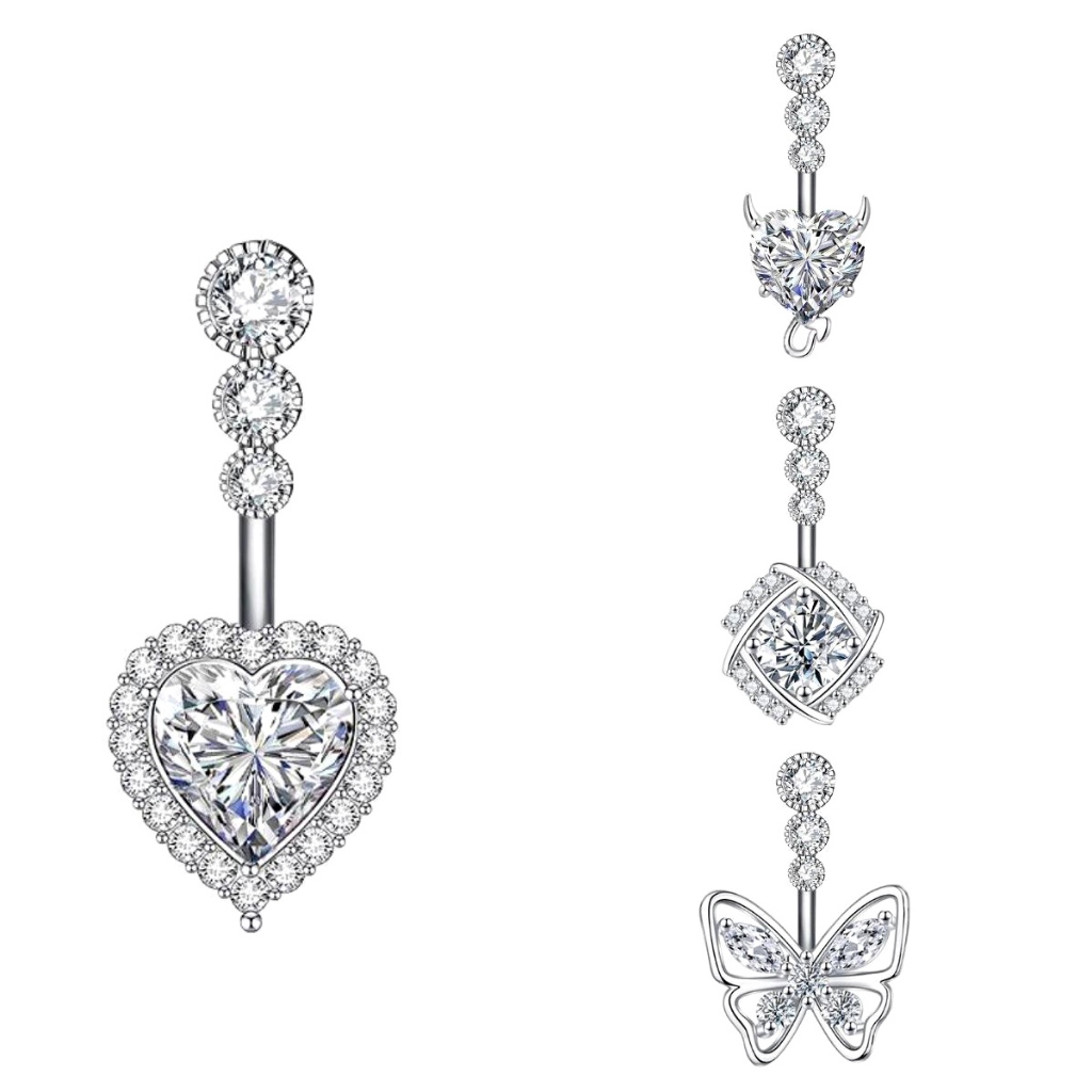 เพทายหัวใจ Bellybutton เล ็ บสแตนเลส Bellybutton แหวน Water Drop Zircon เจาะ