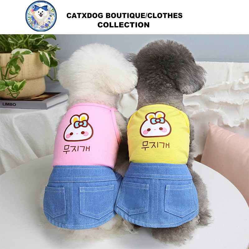 ชุดเดรสยีน เสื้อกั๊ก ระบายอากาศ ลายกระต่ายน่ารัก สวมใส่สบาย สําหรับสัตว์เลี้ยง สุนัข