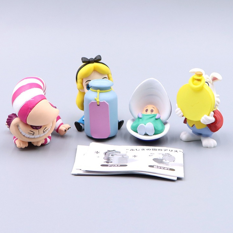 4 ชิ้น/เซ็ต 4-5 ซม. Alice in Wonderland รูป Alice Kingsleigh Cheshire Cat Mr. กระต่ายสีขาวหนุ่ม Oster Baby รุ่น Q PVC Action Figure ของเล่นตุ๊กตา