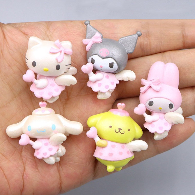 5 ชิ้น/เซ็ตอะนิเมะ My Melody รูปสีชมพูสาว Angel Kuromi Hello Kitty Cinnamoroll Pom Pom Purin รุ่น Q PVC Action Figure ตุ๊กตาของเล่น