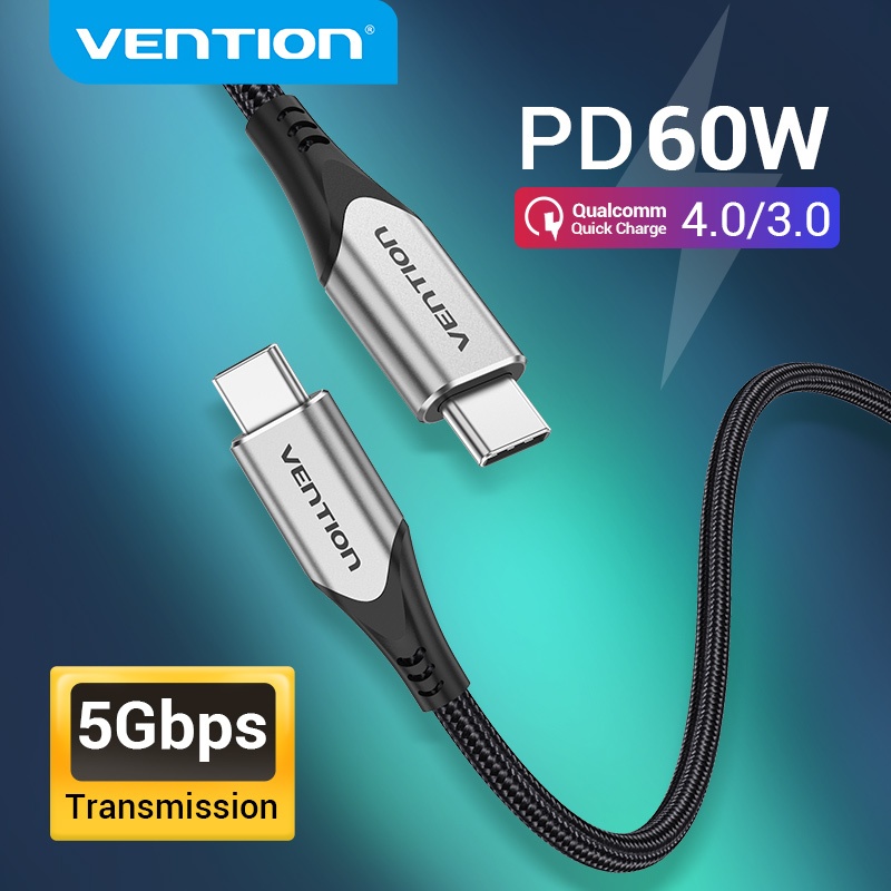 Vention Usb C To Usb C PD 60W 5Gbps Fast Charger QC4.0 Type-C for Samsung Galaxy S10 S20 TAA