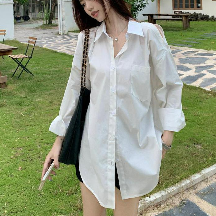 Hermarou ผู้หญิง เสื้อเชิ้ต เสื้อแขนยาว ธรรมดา หลวม บาง ผ้า งาน ธุรกิจ เสื้อผ้า