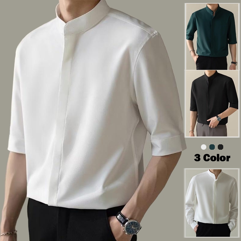 ใหม่ เสื้อเชิ้ตแขนห้าส่วน 3 4 ผ้าเรยอน สีขาว ดํา เขียว สไตล์เกาหลี เหมาะกับฤดูร้อน สําหรับผู้ชาย