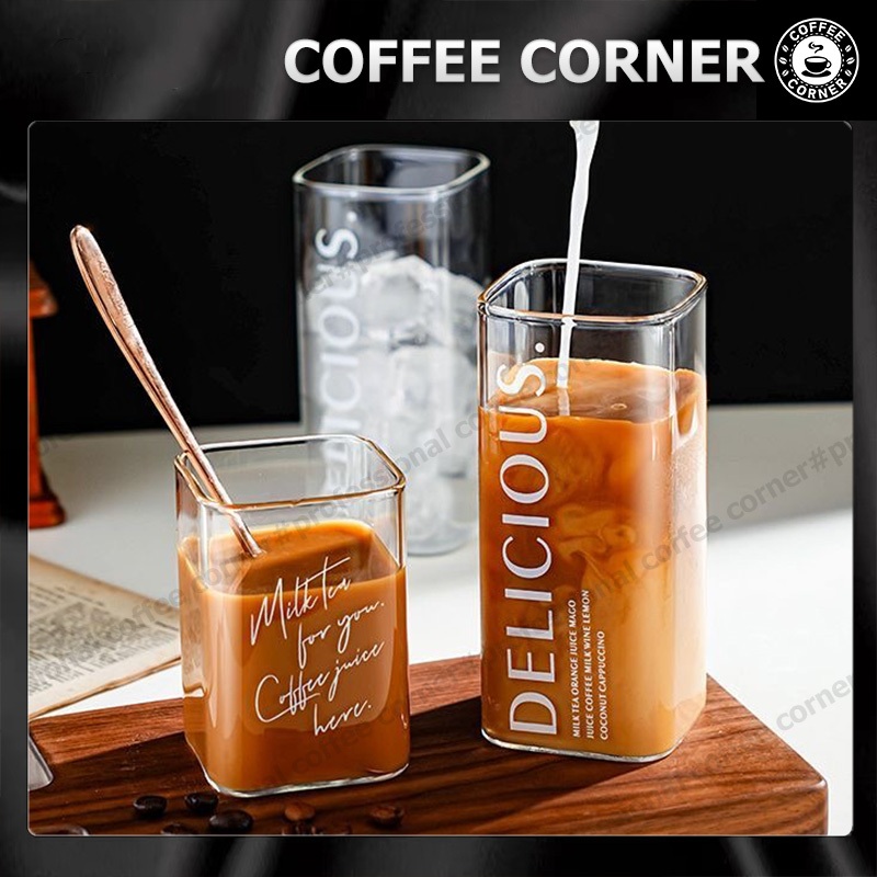 【สินค้าพร้อมส่ง】แก้วกาแฟ แก้วนมทรงสี่เหลี่ยมทนความร้อน แก้วทรงก้นโอ่ง ถ้วยนมเครื่องดื่มเย็น สำหรับใส่เครื่องดื่ม น้ำผลไม้ ใส่นมชา กาแฟ DELICIOUS Square glass