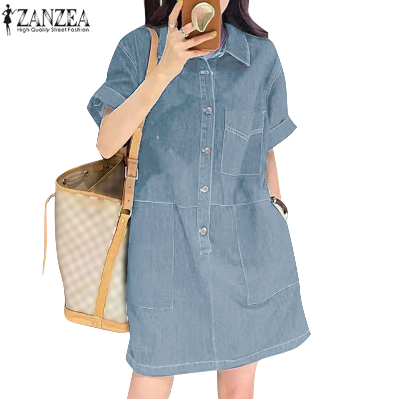 Zanzea Celmia ชุดเดรสยีน แขนสั้น คอปก มีกระเป๋า ลําลอง ทรงเอ สําหรับผู้หญิง