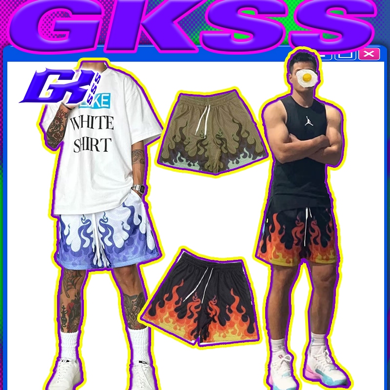 Gksss กางเกงบาสเก็ตบอลขาสั้น ผ้าตาข่าย พิมพ์ลายเปลวไฟ ระบายอากาศ แบบแห้งเร็ว เหมาะกับฤดูร้อน สไตล์อเมริกัน สําหรับผู้ชาย