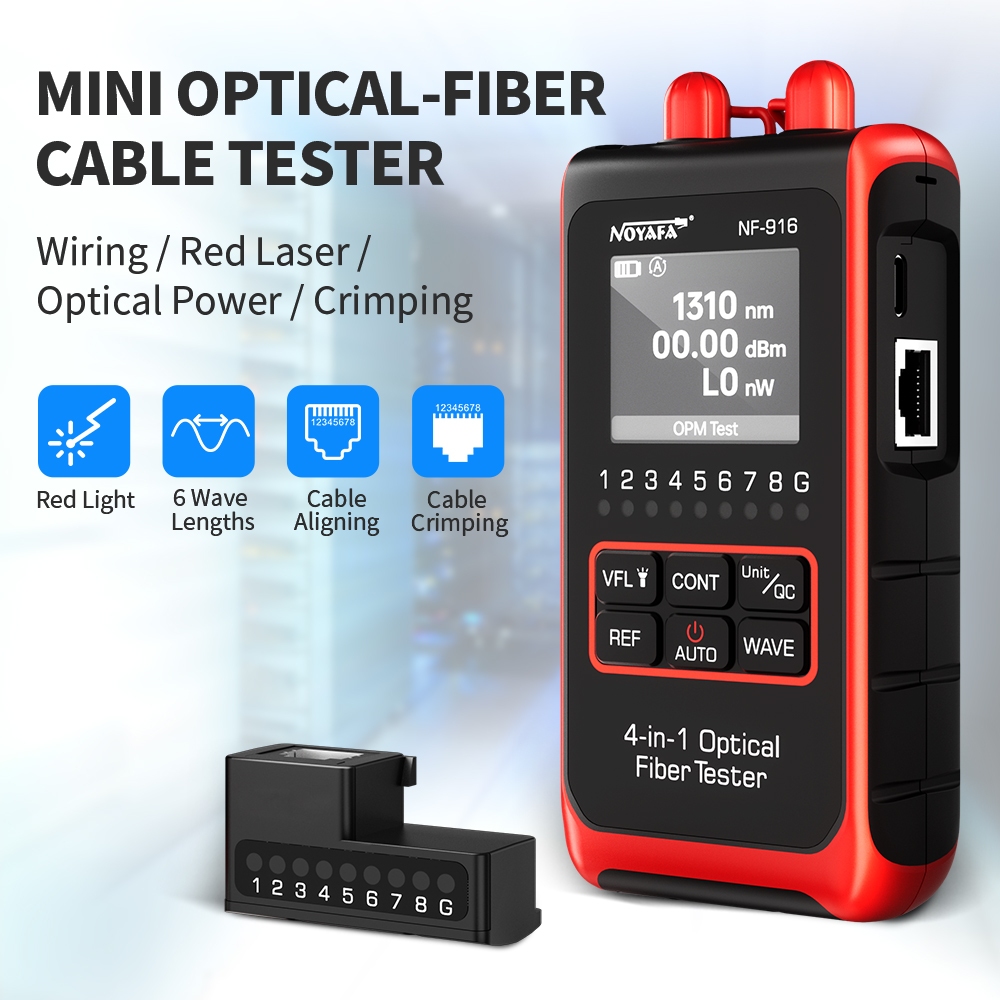 Noyafa NF-916 portable optical cable tester integrates four functions: optical power meter, red light function, crimping and docking.