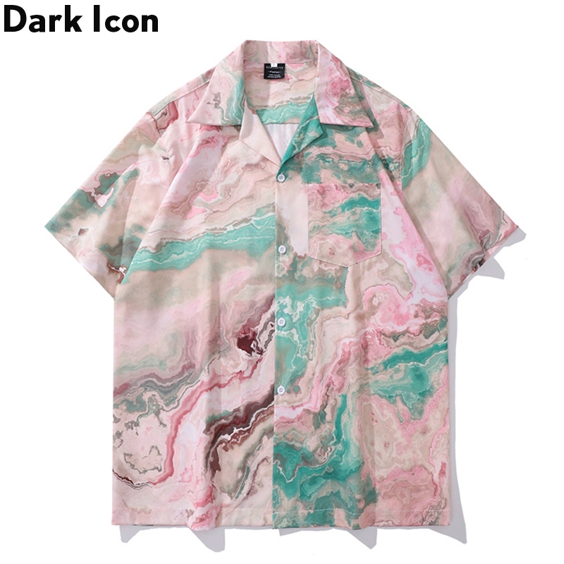 Dark Icon พิมพ์ด้านหน้ากระเป๋าเสื้อฮาวายผู้ชายฤดูร้อน Vintage Street เสื้อเชิ้ตผู้ชาย 3 สี