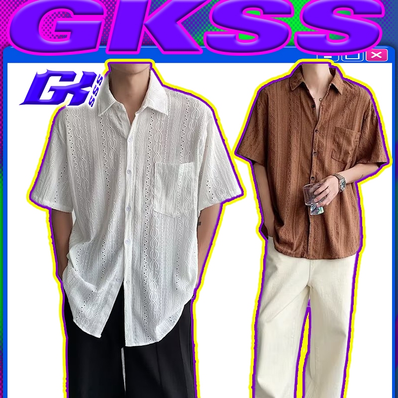 Gksss เสื้อเชิ้ตแขนห้าส่วน คอสี่เหลี่ยม ลายทาง แบบเรียบง่าย แฟชั่นฤดูร้อน สําหรับผู้ชาย