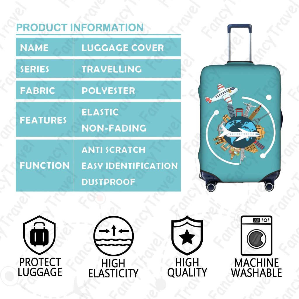 Fancytravel Travel The World ผ้าคลุมกระเป๋าเดินทาง กระเป๋าเดินทาง ผ้ายึดได้เยอะ กันฝุ่น กันรอย สวมใส่ได้ ข้น 18/20/22/24/26/28/32นิ้ว