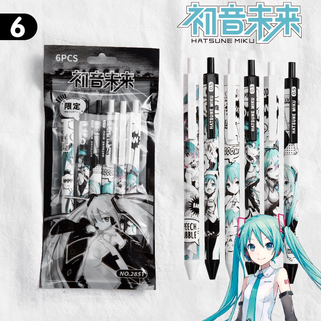 6pens/set Hatsune Miku ปากกาเจลน ่ ารักสาวน ่ ารักหัวใจกระสุนกด 0.5 มม.ปากกา