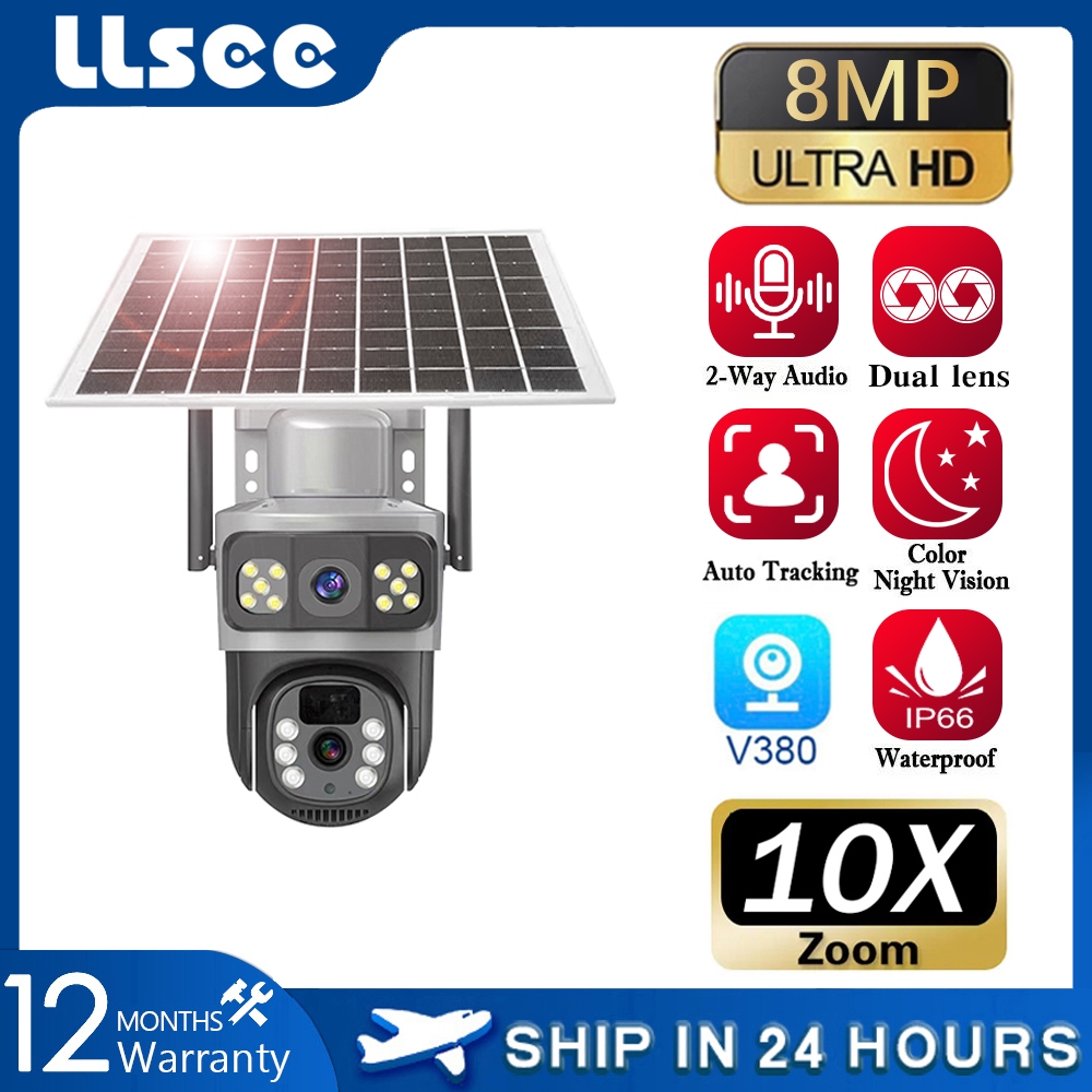 LLSEE V380 Pro เลนส์คู่ไร้สายกล้องวงจรปิด wifi 4K 8MP 4G ซิมการ์ดพลังงานแสงอาทิตย์กล้องวงจรปิดกันน้ำกลางแจ้ง