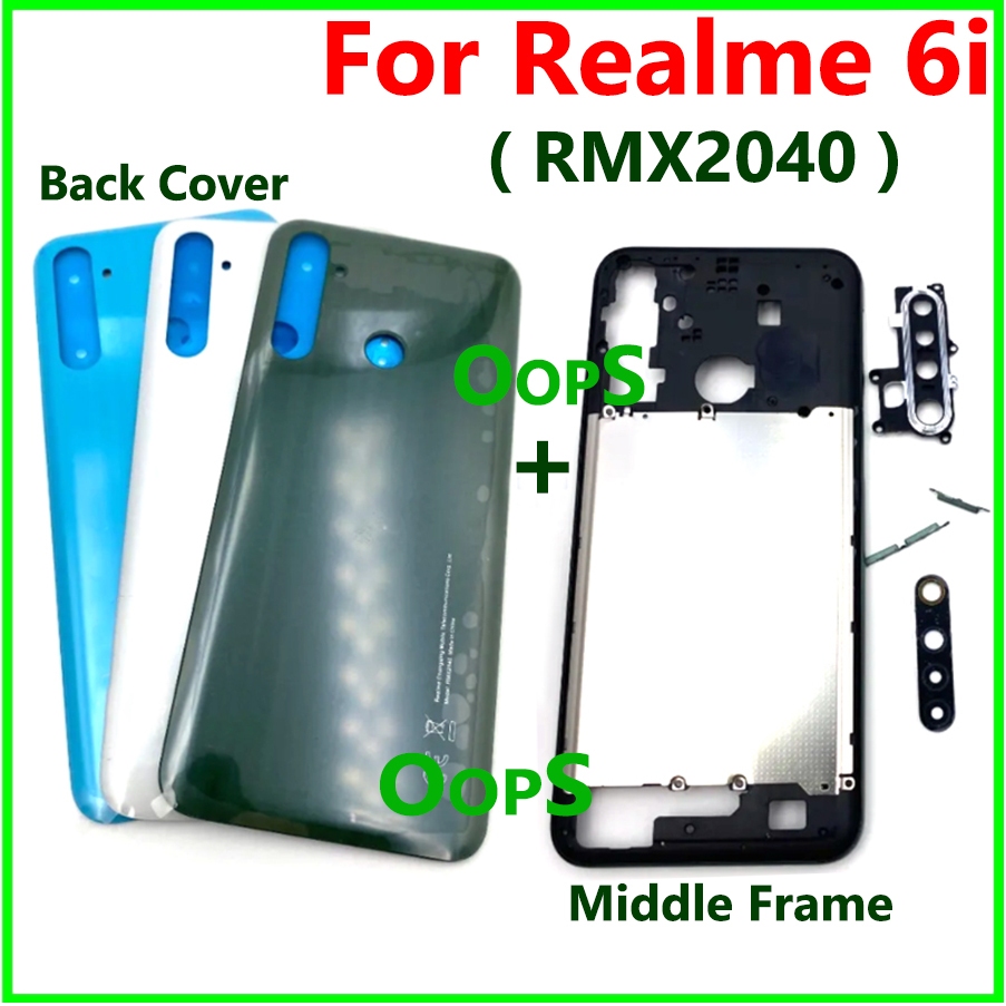 แบตเตอรี่ฝาหลังสําหรับ Realme 6i RMX2040 LCD กรอบกลางเลนส์กล้องบนประตูปุ่มปิด