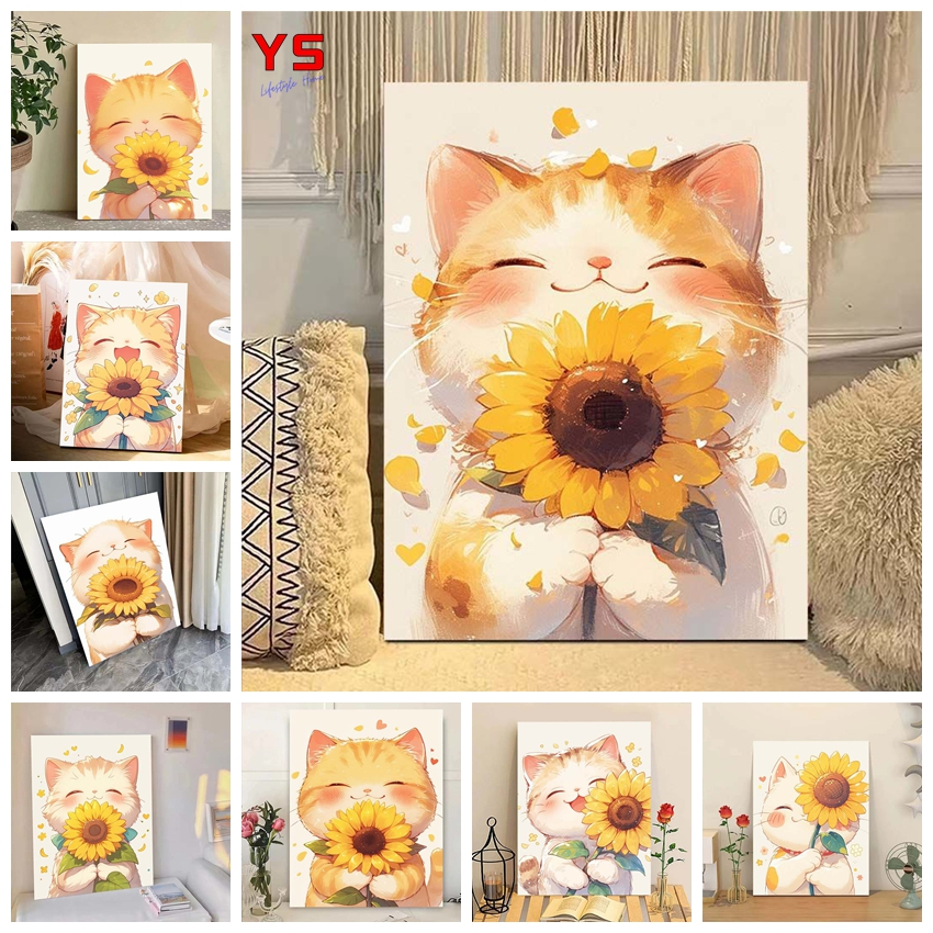 Victory -30*40cm/40*50cm-ภาพวาดระบายสีตามตัวเลข--ระบายสีตามตัวเลข-ดอกทานตะวัน Healing Cat ภาพวาดสีน ้ ํามันดิจิตอล diy บรรจุภาพวาดสีน ้ ํามันอะคริลิควาดด ้ วยมือระบายสีตกแต ่ งห ้ องภาพวาด--ภาพระบายสีตามตัวเลข --ภาพวาดระบายสีตามตัวเลข--รูประบายสี-