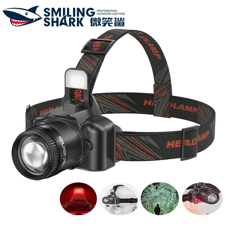 SmilingShark TD0179 ไฟฉายคาดหัว LED ซุปเปอร์ไบรท์ เซนเซอร์ ไฟหน้า ซูมได้ Type-C ชาร์จใหม่ได้ 6โหมด พร้อมไฟแดง กันน้ำสำหรับตกปลาเดินป่าตั้งแคมป์กลางแจ้ง