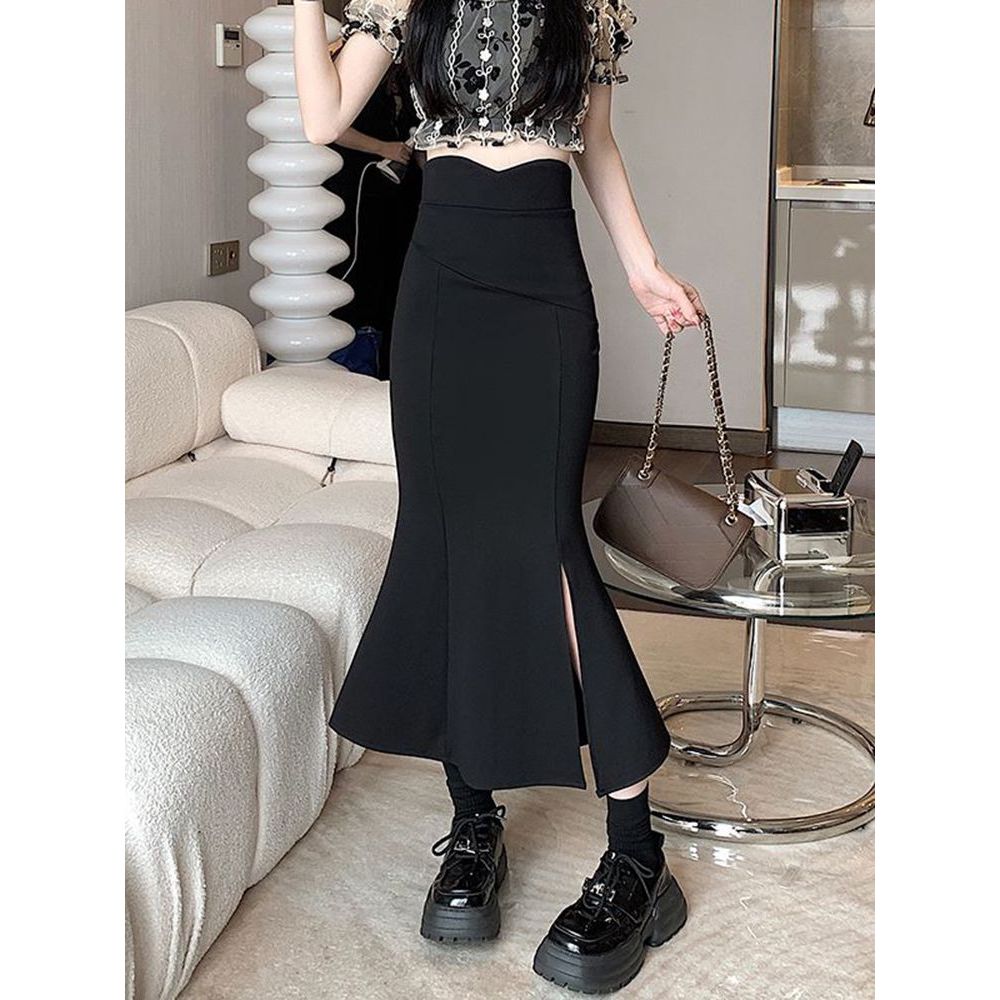 แฟชั ่ นผู ้ หญิง Midi ด ้ านข ้ าง Slits Fishtail กระโปรงยาวเอวสูงกระโปรงดินสอมุสลิมสาเหตุธรรมดาสีแฟชั ่ น Cluthes Plus ขนาด #666