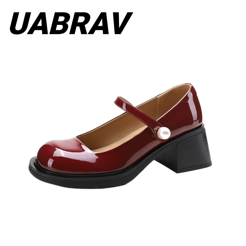 UABRAV.รองเท้าแมรี่เจน ส้นสูง หัวกลม ประดับไข่มุก สีดํา สไตล์ฝรั่งเศส วินเทจ สําหรับผู้หญิง(ขนาด:35-40)