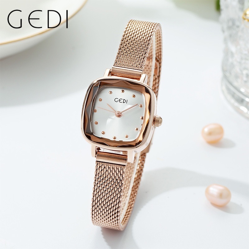 GEDI เกดี แฟชั่นสแควร์หน้าปัดเล็ก อารมณ์นักเรียนที่เรียบง่ายควอตซ์กันน้ํานาฬิกาผู้หญิง 13022 การเคลื่อนไหวมาพร้อมกับรับประกันหนึ่งปี