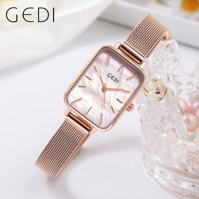 GEDI เกดี หน้าปัดสี่เหลี่ยมเล็กอารมณ์มินิมอลควอตซ์บางเฉียบสแตนเลสกันน้ําสายตาข่า