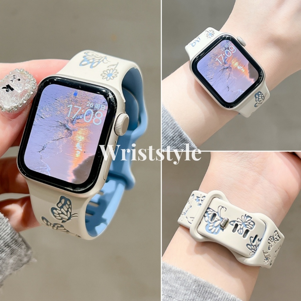 คู่สีผีเสื้อสายนาฬิกาซิลิโคนสําหรับ Apple Watch S9/8/7/6/5/4/3/2/1 SE2 ULTRA ผู้หญิงนาฬิกาสร้อยข้อมือสําหรับ iWatch 49 มม.45 มม.44 42 41 40 38